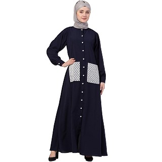 Front open abaya with white patch pocket- Navy Blue